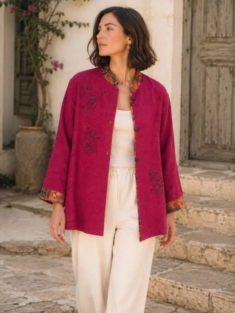 Vintage Napa Valley Embroidered Magenta Jacket Paisley Trim Large Boho Artsy